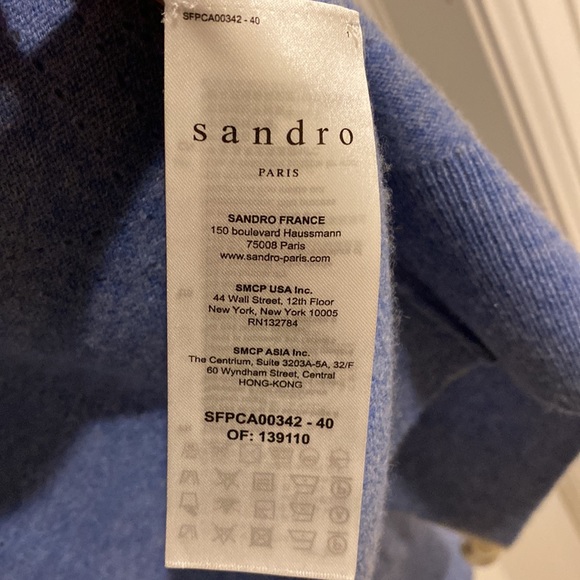 Sandro Cashmere Lucas Pointelle Stitch Light Blue White Cardigan w/Pearl Buttons - Picture 7 of 11